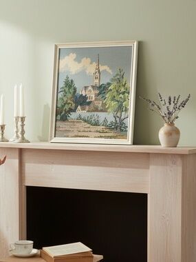 Vintage‎ Handmade Cross-Stitch Framed Church River Scene Religious Cottagecore